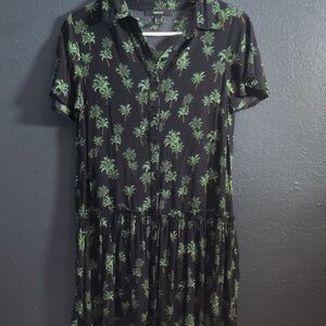 Forever 21 Black Palm Tree Button-Front Dress With Sheared Hem On Flowing Skirt.